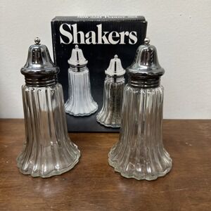 Vtg Leonard Crystal Salt and Pepper Shakers Silver plate Tops Made in Japan NEW